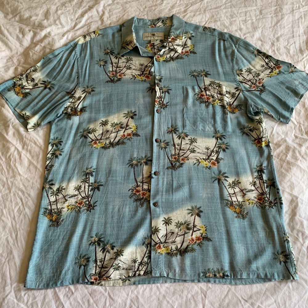 Island Shores Mens Large Shirt Blue Tropical Palm Tree Floral Rayon Button Front